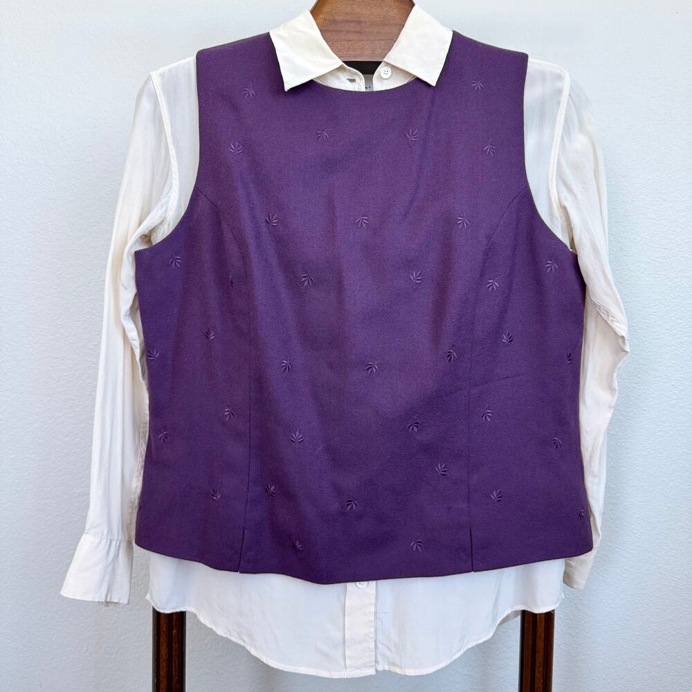 Vintage Amanda Smith 100% Wool Purple Shell Top Embroidered Leaf Sweater Vest 14